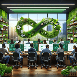 A group of people with their backs to you are sitting at computer stations facing a big window. Across the window is a 3D infinity sign made of plants, grasses and flowers. Along the side walls of the room are rows of potted plants.